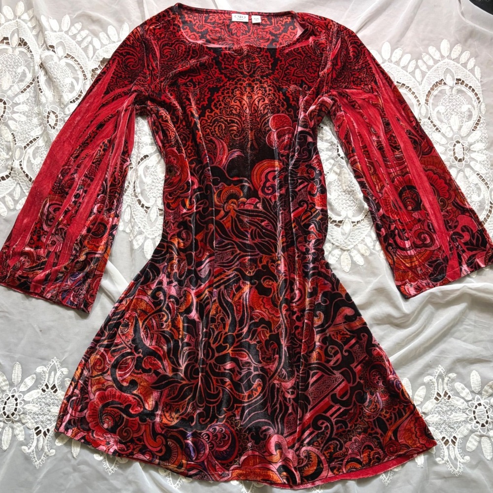 Whimsical Gothic Witchy Fall Red Black Paisley Velvet Bell Sleeve DressPlus Size